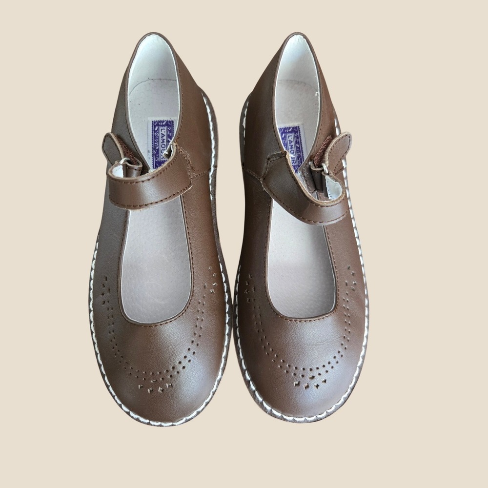 L'Amour Kids Brown Leather Mary Jane Shoes Perforated T-Strap Flats Size 2